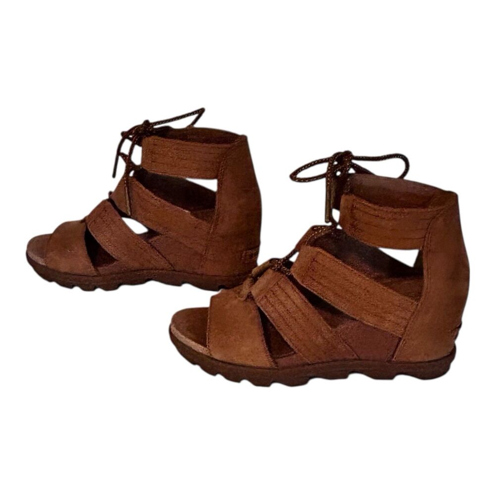 Sorel Joanie II Lace Sandals Wedge Suede Gladiator Heels Lug Camel Size 8.5